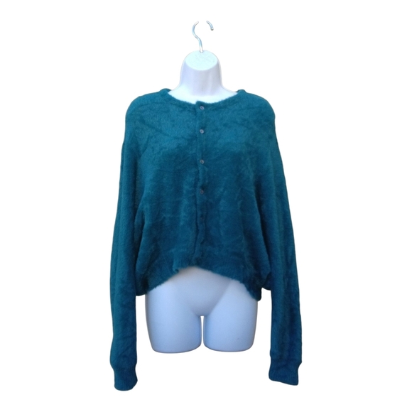 Free People Wyatt Cardigan Teal Fuzzy Oversized XS/Small - Picture 4 of 5